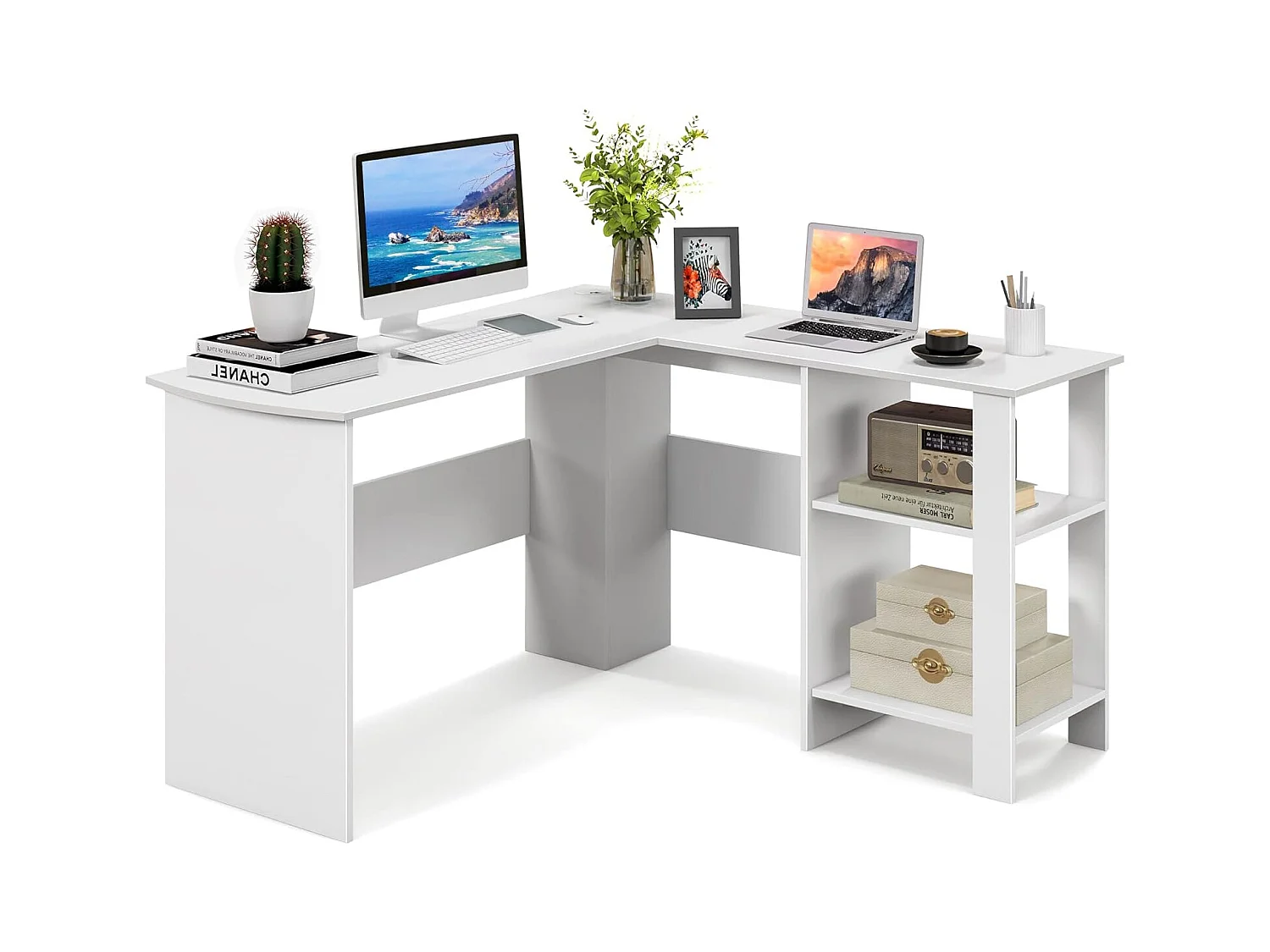 Bureau d'angle en Forme de L, Bureau Informatique avec Étagères de Rangement à 2 Niveaux, 2 Passe-câbles,  130 x 130 x 74 cm, Blanc