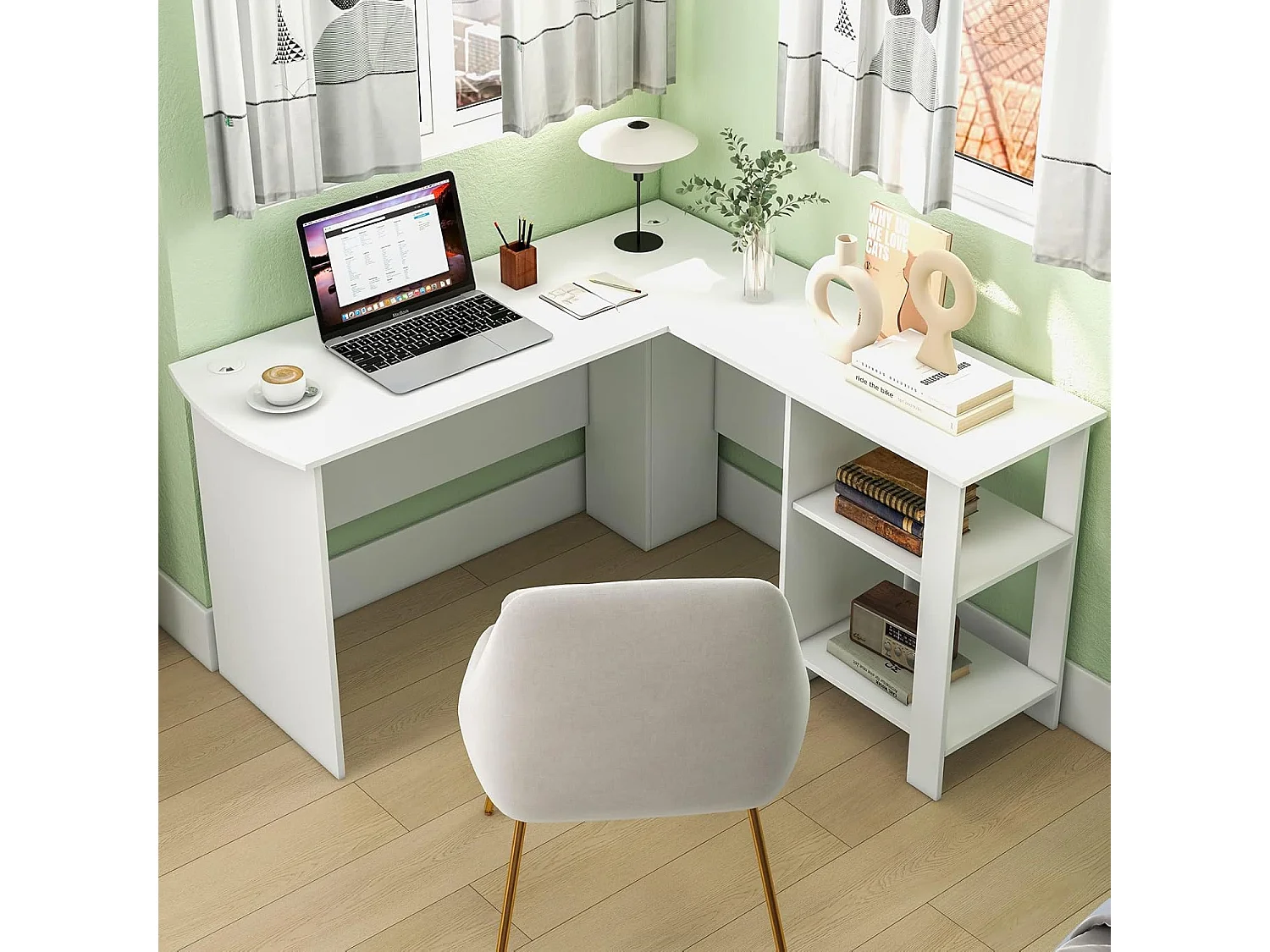 Bureau d'angle en Forme de L, Bureau Informatique avec Étagères de Rangement à 2 Niveaux, 2 Passe-câbles,  130 x 130 x 74 cm, Blanc