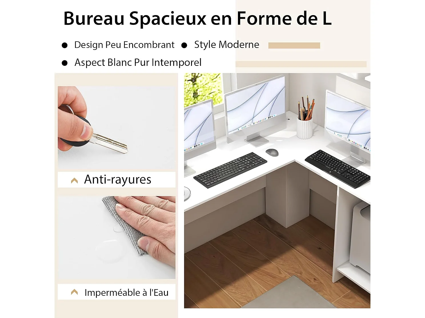 Bureau d'angle en Forme de L, Bureau Informatique avec Étagères de Rangement à 2 Niveaux, 2 Passe-câbles,  130 x 130 x 74 cm, Blanc
