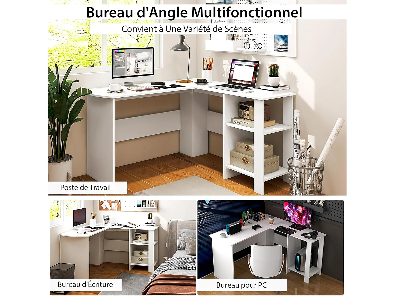 Bureau d'angle en Forme de L, Bureau Informatique avec Étagères de Rangement à 2 Niveaux, 2 Passe-câbles,  130 x 130 x 74 cm, Blanc