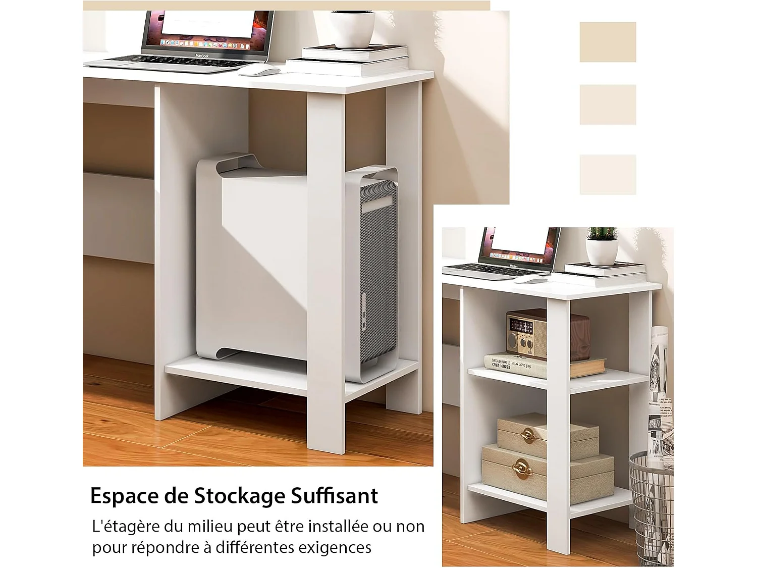 Bureau d'angle en Forme de L, Bureau Informatique avec Étagères de Rangement à 2 Niveaux, 2 Passe-câbles,  130 x 130 x 74 cm, Blanc