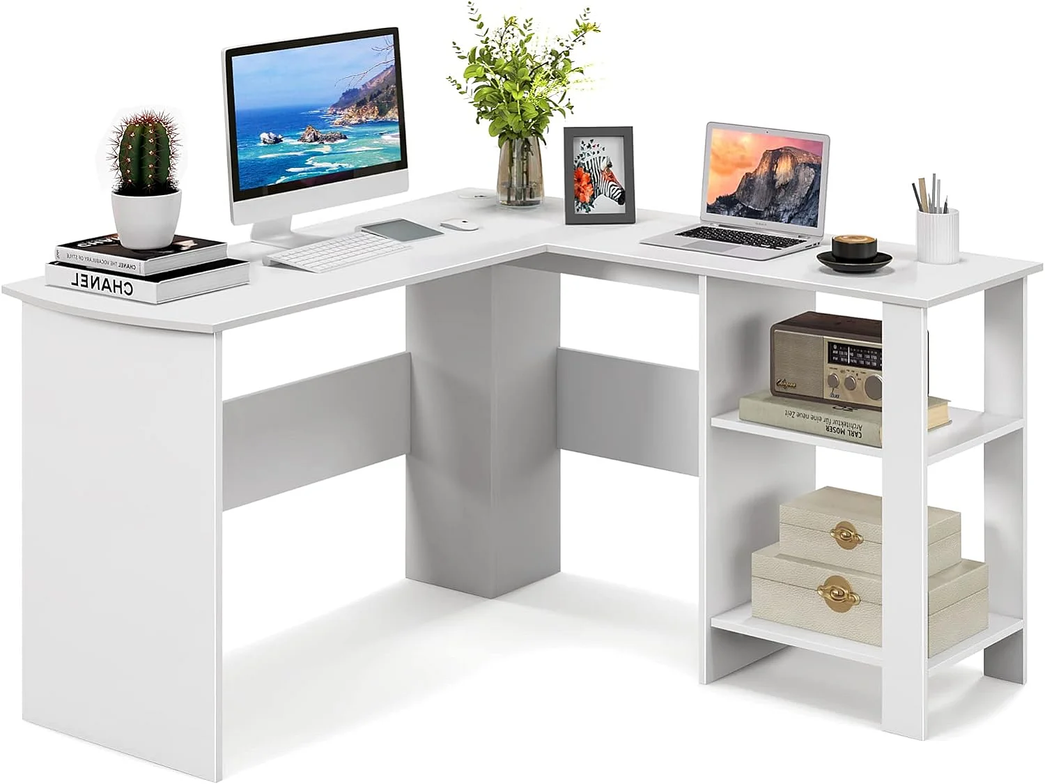 Bureau d'angle en Forme de L, Bureau Informatique avec Étagères de Rangement à 2 Niveaux, 2 Passe-câbles,  130 x 130 x 74 cm, Blanc