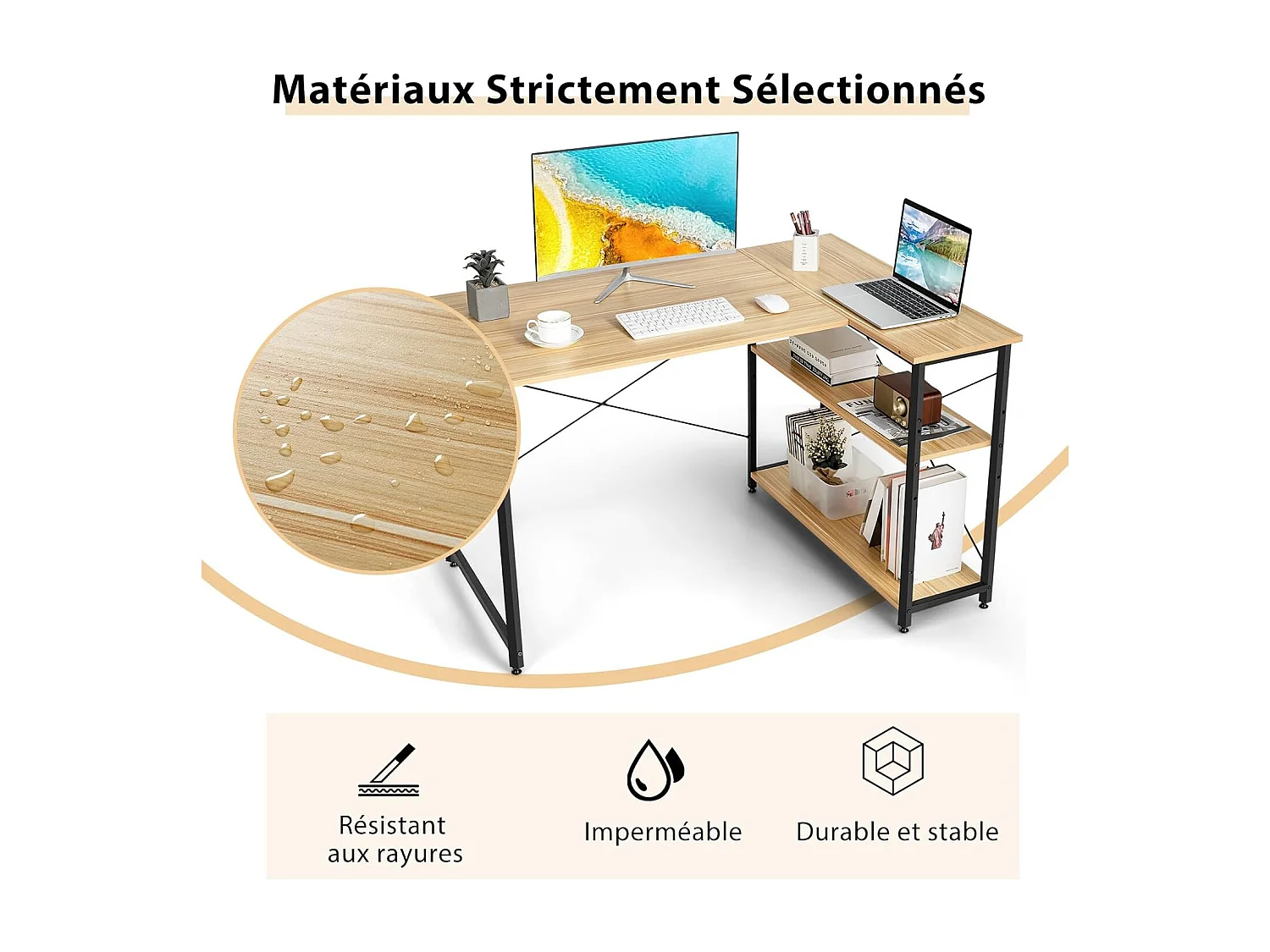 Bureau d'angle en Forme L Réversible, Poste de Travail avec Étagères de Rangement, 120 x 88 x 74,5 cm, Peu Encombrant, pour Maison, Bureaux (Naturel)