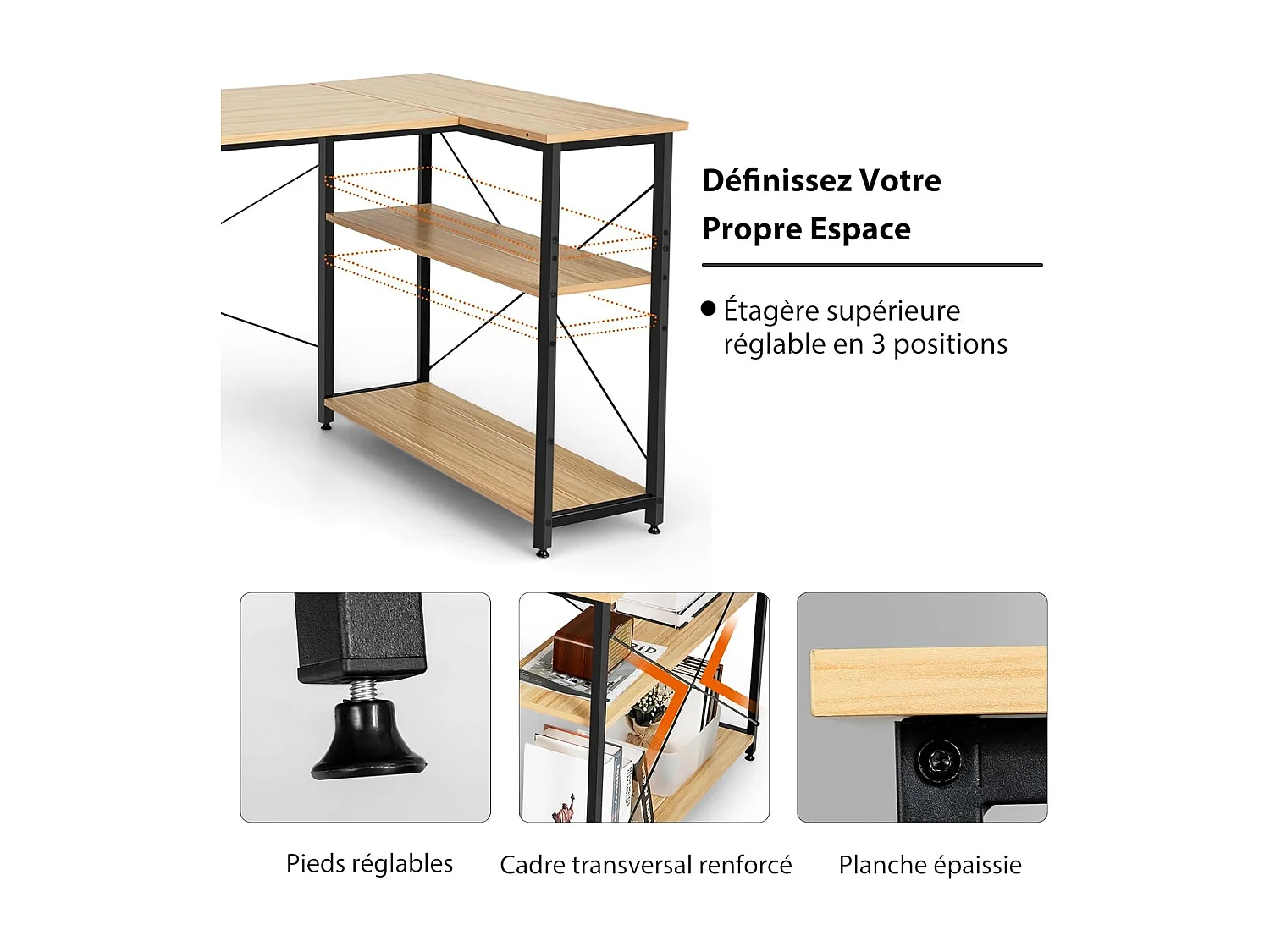 Bureau d'angle en Forme L Réversible, Poste de Travail avec Étagères de Rangement, 120 x 88 x 74,5 cm, Peu Encombrant, pour Maison, Bureaux (Naturel)