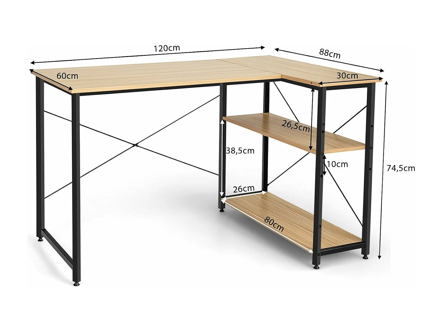 Bureau d'angle en Forme L Réversible, Poste de Travail avec Étagères de Rangement, 120 x 88 x 74,5 cm, Peu Encombrant, pour Maison, Bureaux (Naturel)