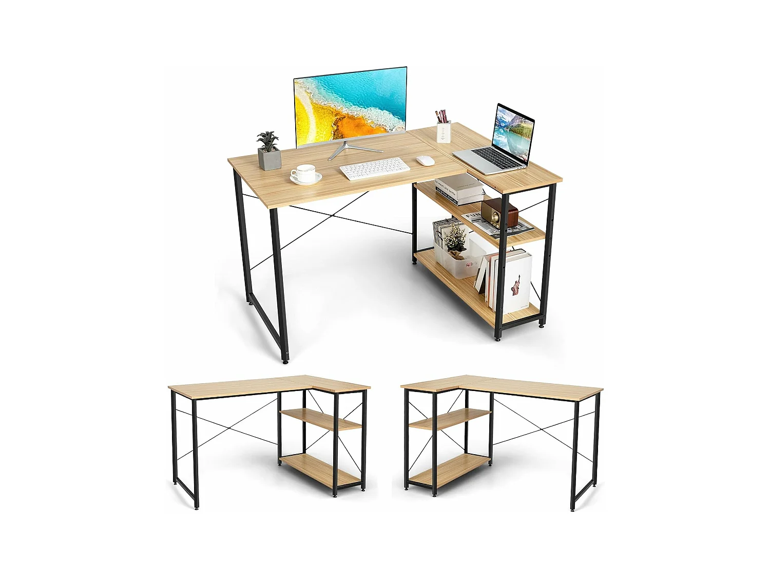 Bureau d'angle en Forme L Réversible, Poste de Travail avec Étagères de Rangement, 120 x 88 x 74,5 cm, Peu Encombrant, pour Maison, Bureaux (Naturel)