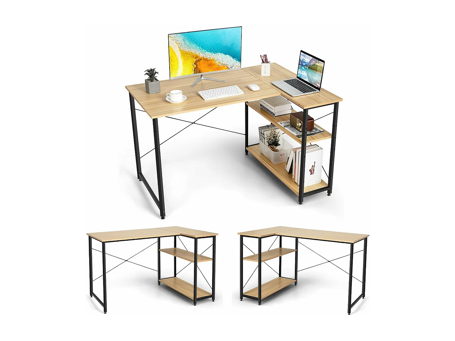 Bureau d'angle en Forme L Réversible, Poste de Travail avec Étagères de Rangement, 120 x 88 x 74,5 cm, Peu Encombrant, pour Maison, Bureaux (Naturel)