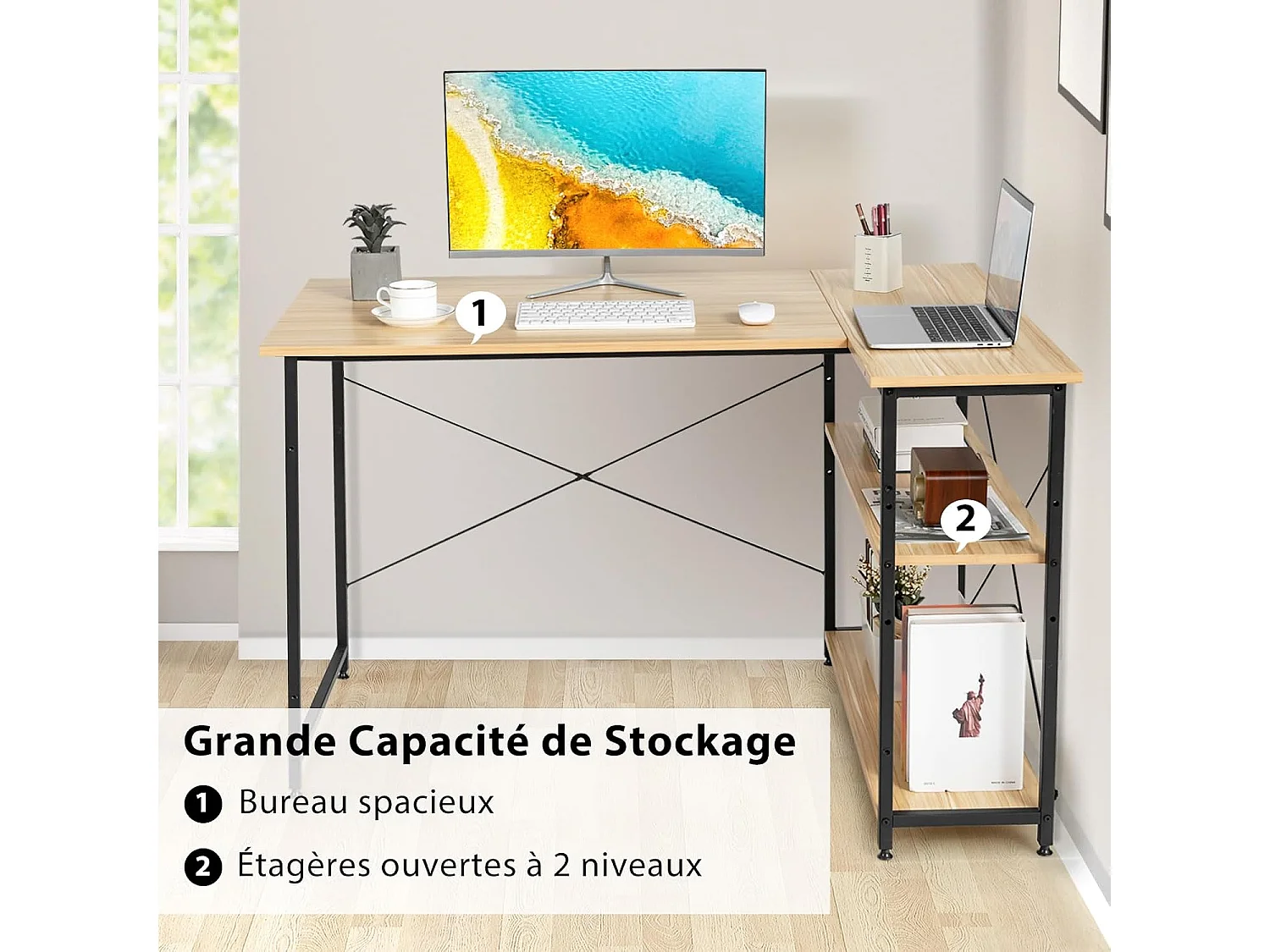 Bureau d'angle en Forme L Réversible, Poste de Travail avec Étagères de Rangement, 120 x 88 x 74,5 cm, Peu Encombrant, pour Maison, Bureaux (Naturel)