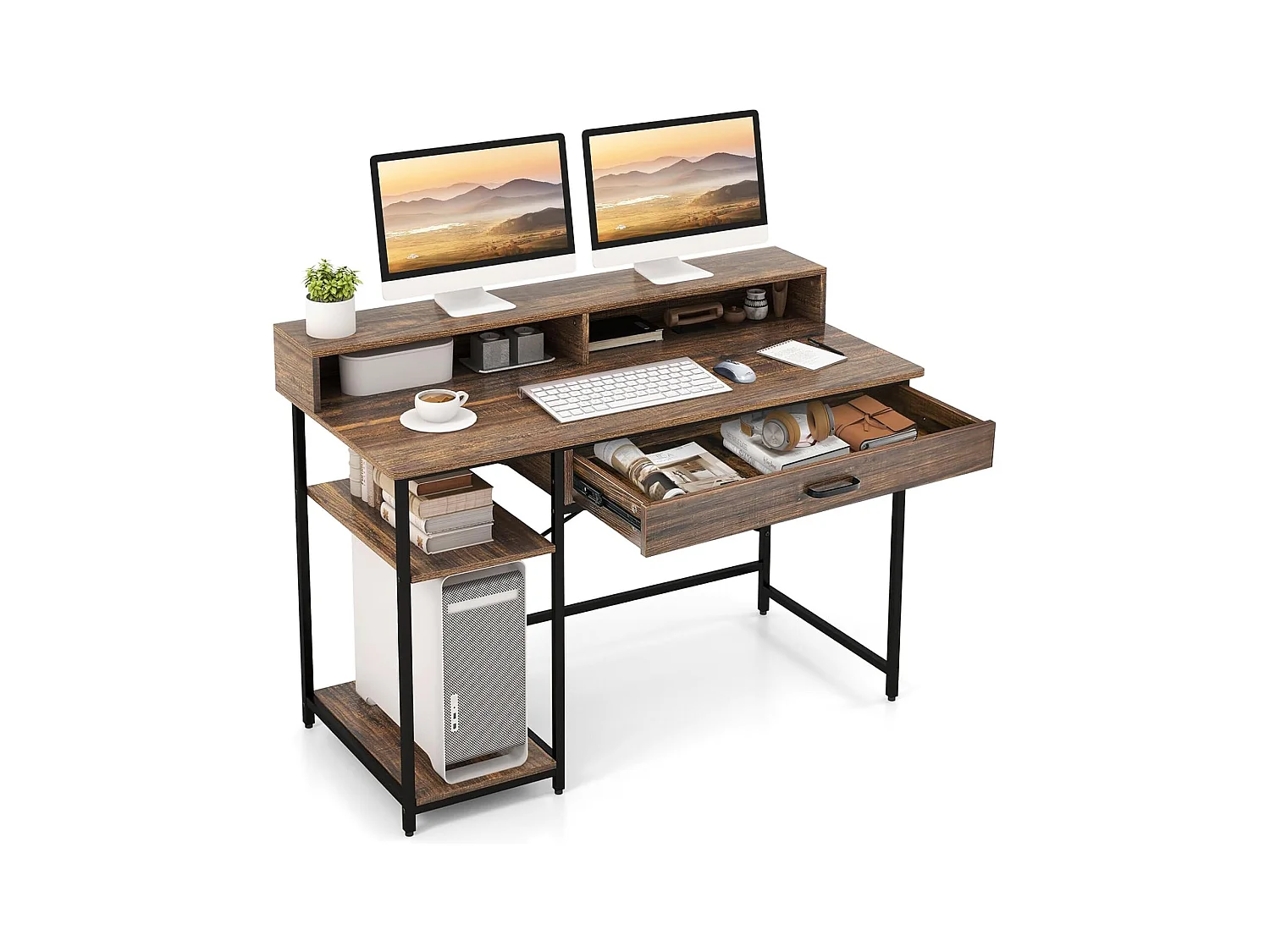 Bureau d'Ordinateur avec Étagère pour Moniteur, Bureau Informatique avec Tiroir de Rangement et 2 Étagères Ouvertes, Support UC, Style Industriel, 120 x 56 x 90,5 cm, Marron