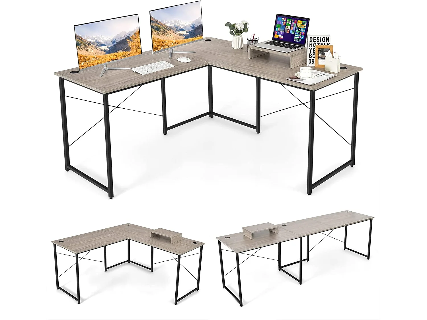Bureau d'angle en L Réversible avec Support de Moniteur/Poste de Travail Industriel pour 2 Personnes avec 3 Trous de Câble-Assemblage Facile-150 x 150 x 74 CM, Gris