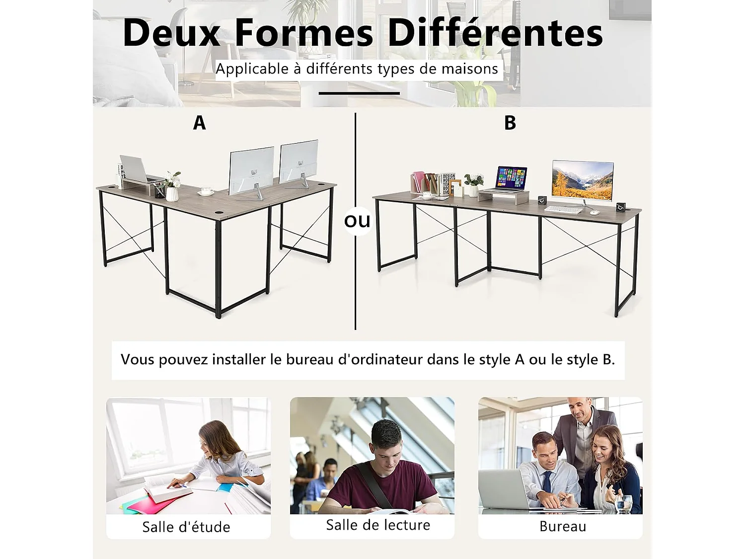 Bureau d'angle en L Réversible avec Support de Moniteur/Poste de Travail Industriel pour 2 Personnes avec 3 Trous de Câble-Assemblage Facile-150 x 150 x 74 CM, Gris