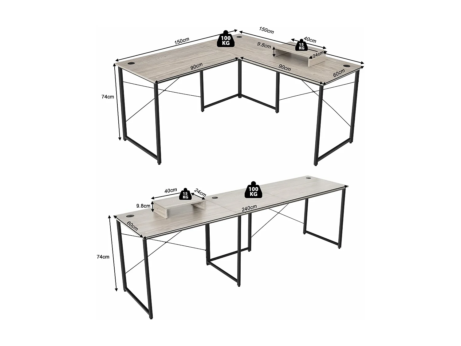 Bureau d'angle en L Réversible avec Support de Moniteur/Poste de Travail Industriel pour 2 Personnes avec 3 Trous de Câble-Assemblage Facile-150 x 150 x 74 CM, Gris