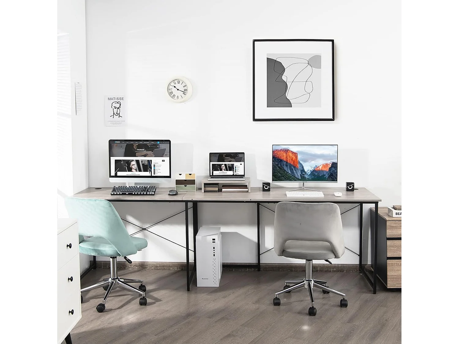 Bureau d'angle en L Réversible avec Support de Moniteur/Poste de Travail Industriel pour 2 Personnes avec 3 Trous de Câble-Assemblage Facile-150 x 150 x 74 CM, Gris