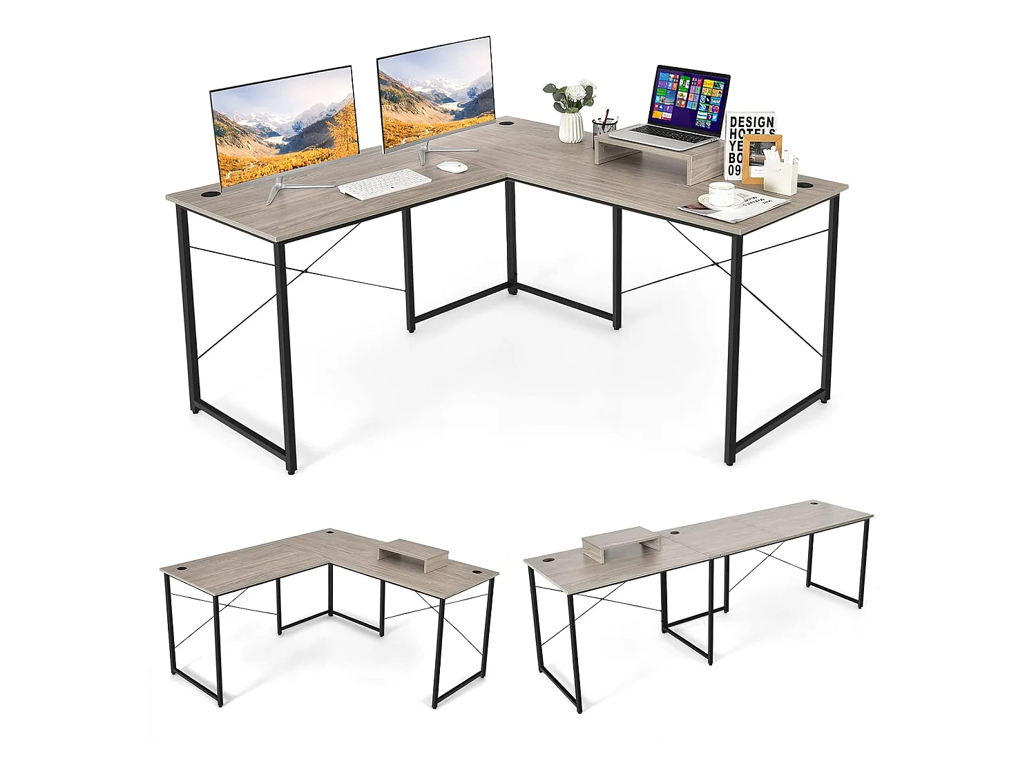 Bureau d'angle en L Réversible avec Support de Moniteur/Poste de Travail Industriel pour 2 Personnes avec 3 Trous de Câble-Assemblage Facile-150 x 150 x 74 CM, Gris