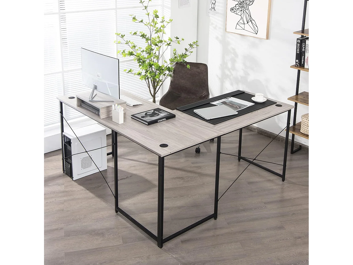 Bureau d'angle en L Réversible avec Support de Moniteur/Poste de Travail Industriel pour 2 Personnes avec 3 Trous de Câble-Assemblage Facile-150 x 150 x 74 CM, Gris
