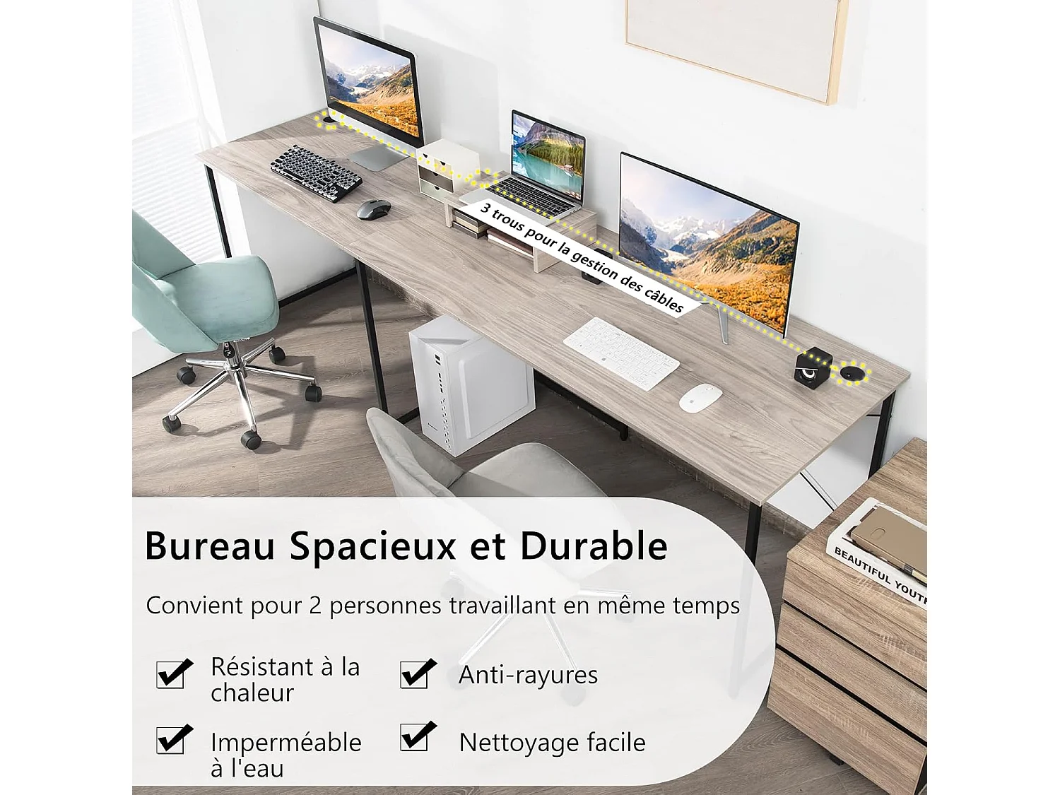 Bureau d'angle en L Réversible avec Support de Moniteur/Poste de Travail Industriel pour 2 Personnes avec 3 Trous de Câble-Assemblage Facile-150 x 150 x 74 CM, Gris