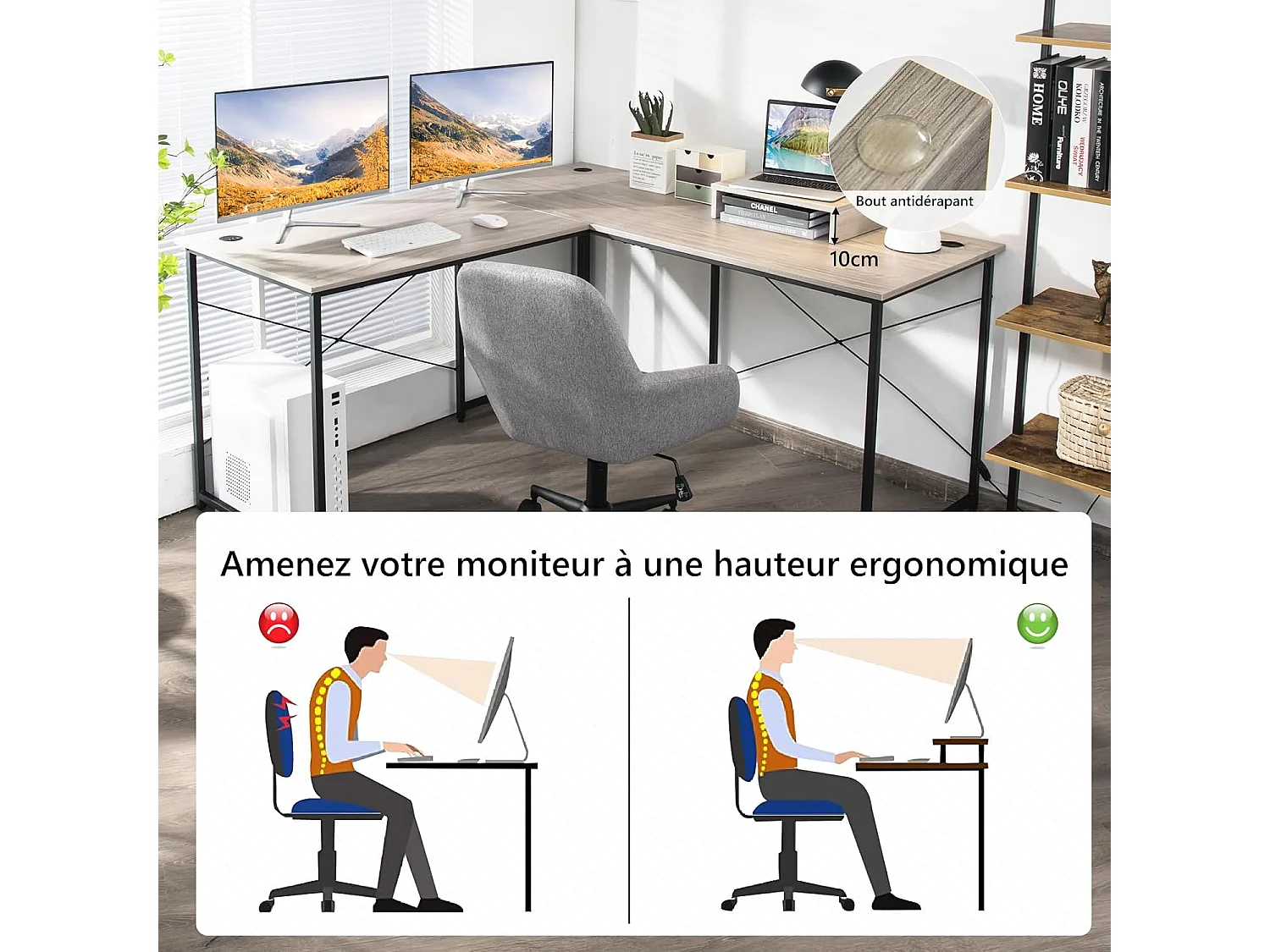 Bureau d'angle en L Réversible avec Support de Moniteur/Poste de Travail Industriel pour 2 Personnes avec 3 Trous de Câble-Assemblage Facile-150 x 150 x 74 CM, Gris