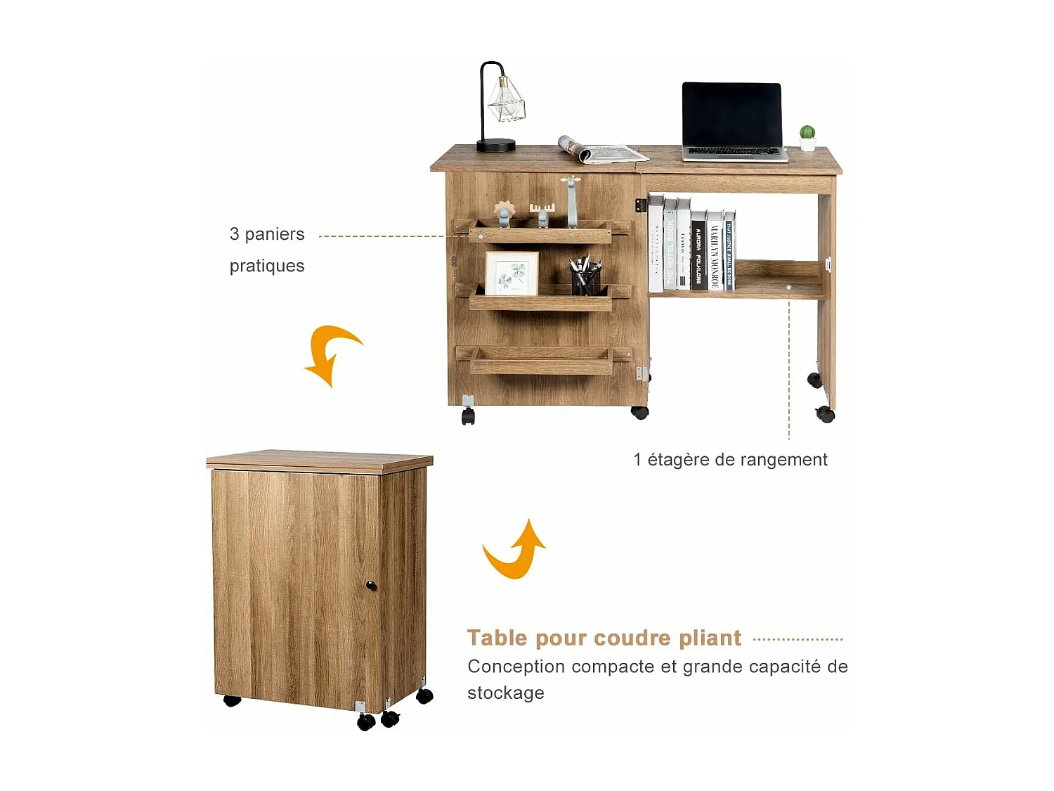 Table de Couture Pliante Meuble pour Machine à Coudre avec 3 Etagères pour Bobines et Roulettes verrouillables en Bois