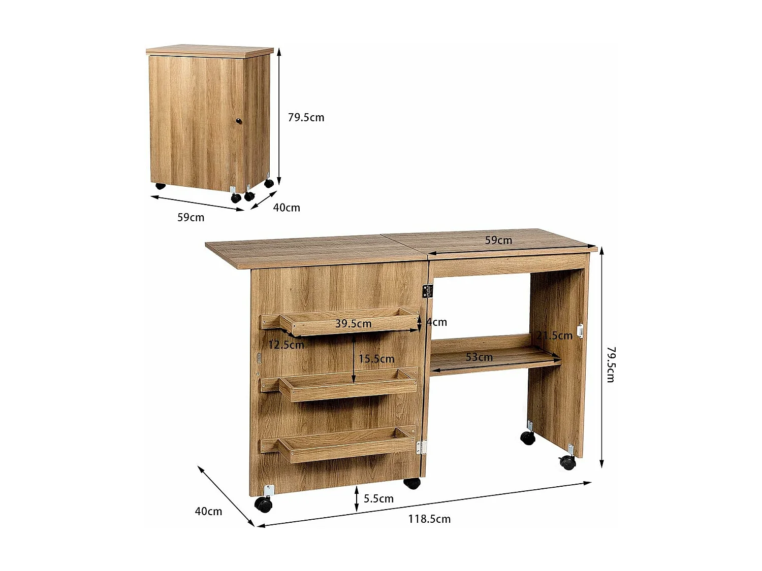 Table de Couture Pliante Meuble pour Machine à Coudre avec 3 Etagères pour Bobines et Roulettes verrouillables en Bois