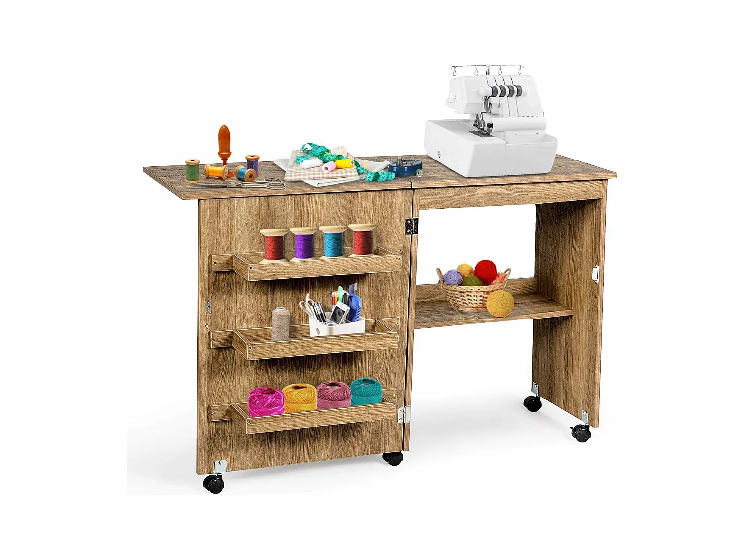 Table de Couture Pliante Meuble pour Machine à Coudre avec 3 Etagères pour Bobines et Roulettes verrouillables en Bois