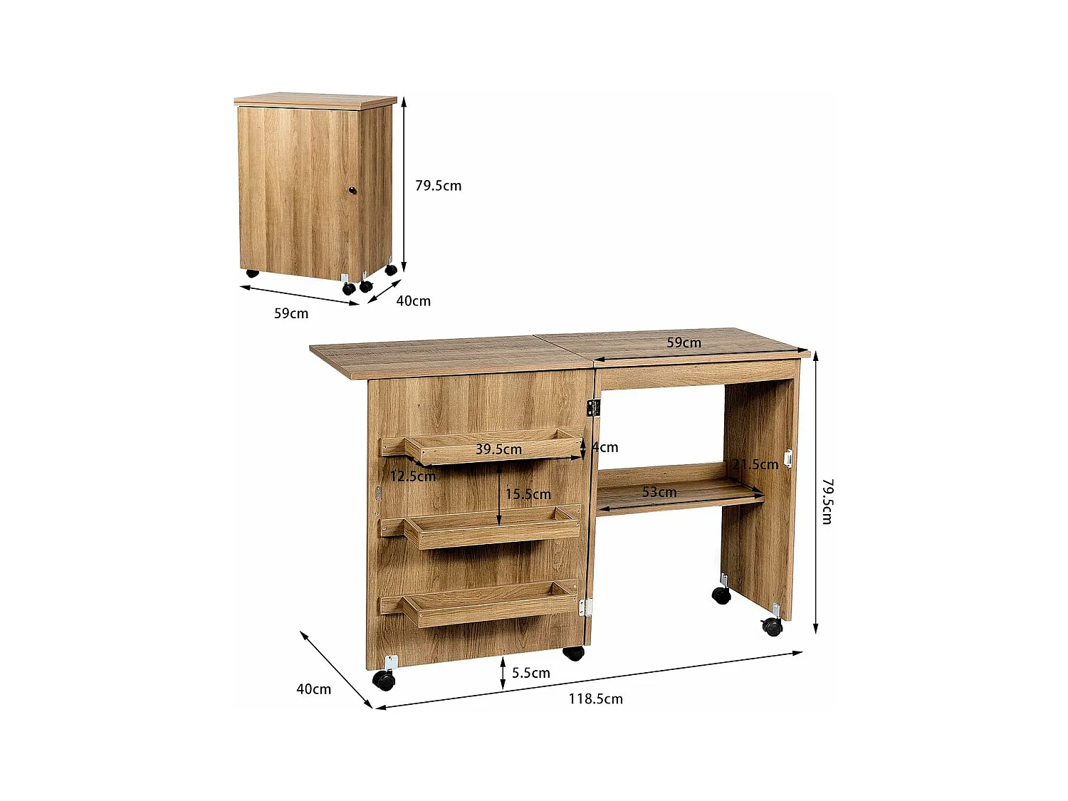 Table de Couture Pliante Meuble pour Machine à Coudre avec 3 Etagères pour Bobines et Roulettes verrouillables en Bois
