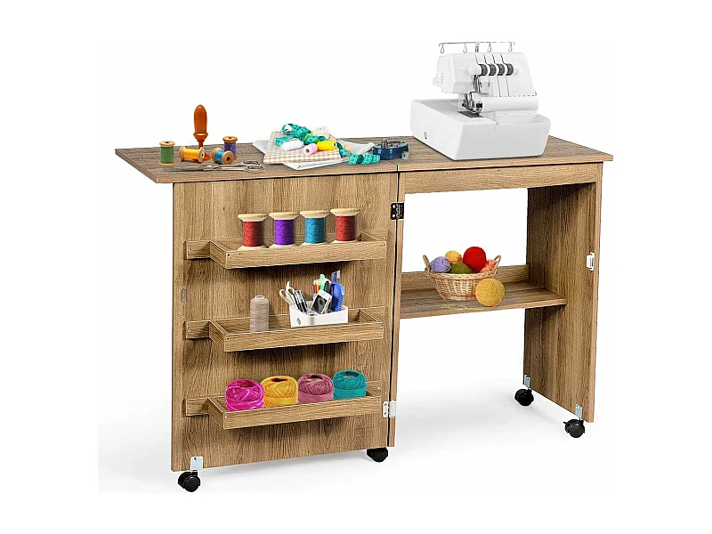 Table de Couture Pliante Meuble pour Machine à Coudre avec 3 Etagères pour Bobines et Roulettes verrouillables en Bois