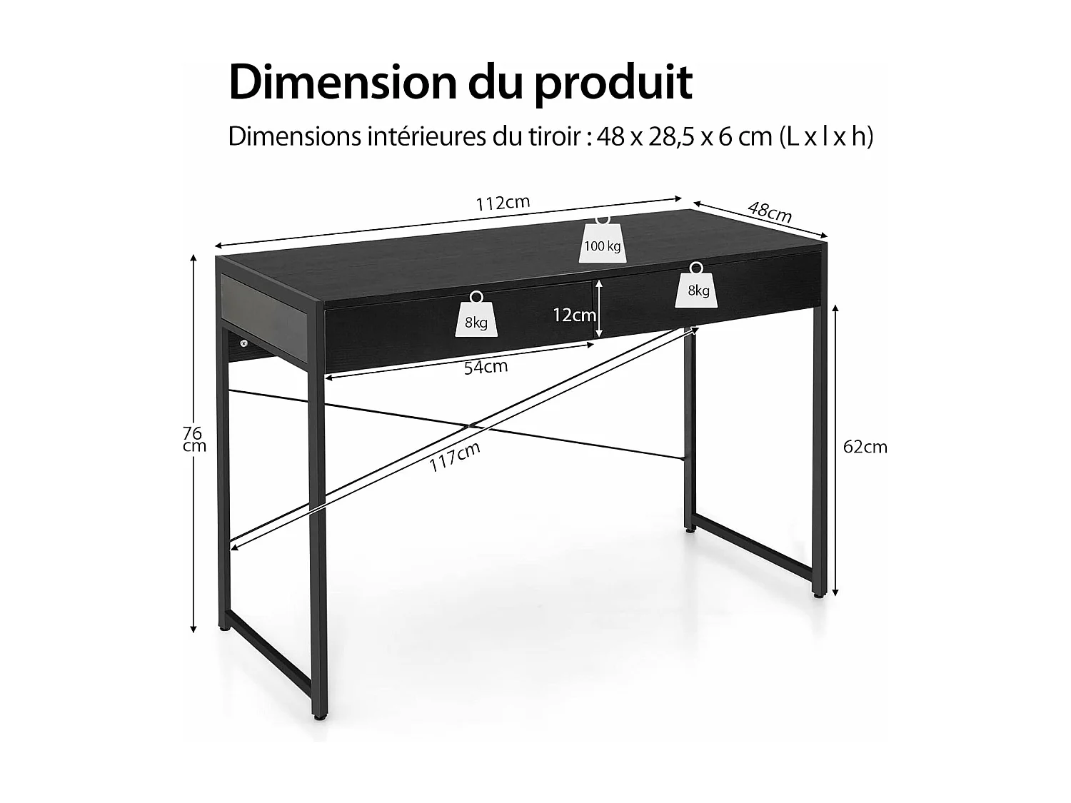 Bureau d'Ordinateur avec 2 Tiroirs et Structure en X, Table Informatique Structure Solide et Durable 112x48x76cm (Noir)