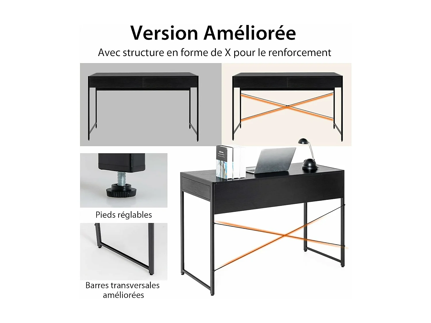 Bureau d'Ordinateur avec 2 Tiroirs et Structure en X, Table Informatique Structure Solide et Durable 112x48x76cm (Noir)