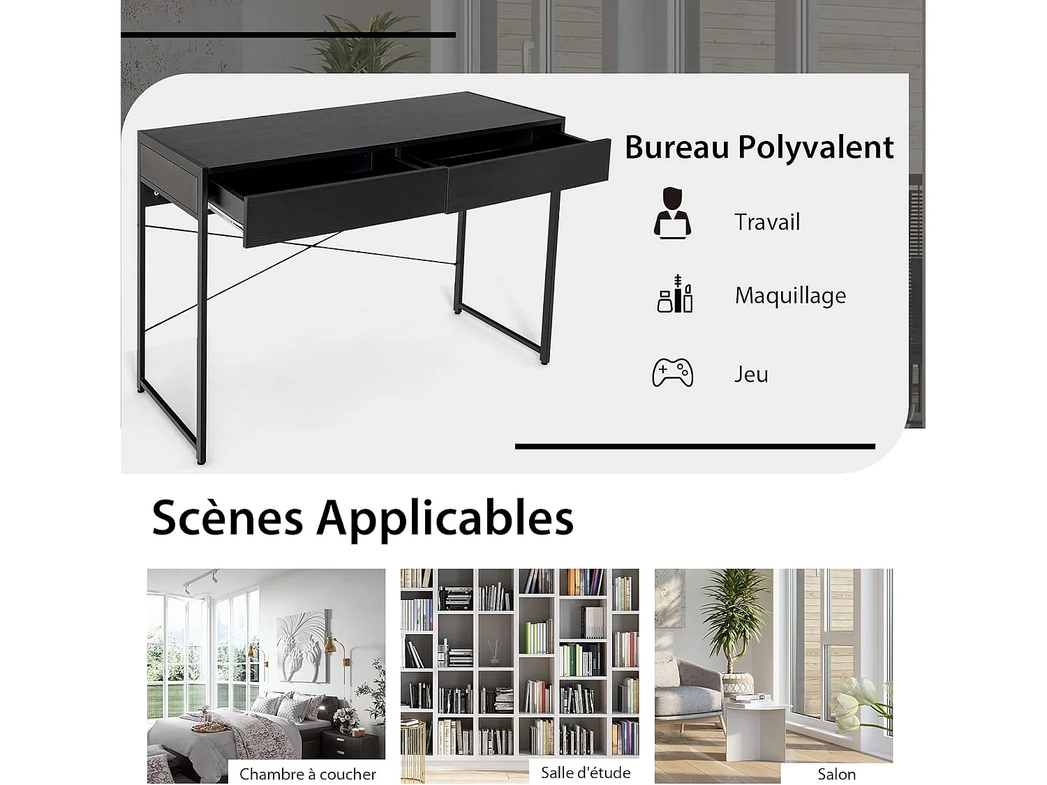 Bureau d'Ordinateur avec 2 Tiroirs et Structure en X, Table Informatique Structure Solide et Durable 112x48x76cm (Noir)