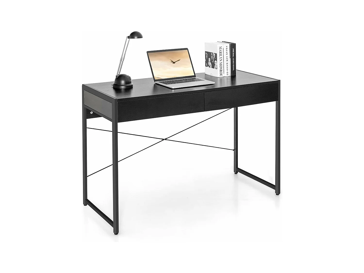 Bureau d'Ordinateur avec 2 Tiroirs et Structure en X, Table Informatique Structure Solide et Durable 112x48x76cm (Noir)