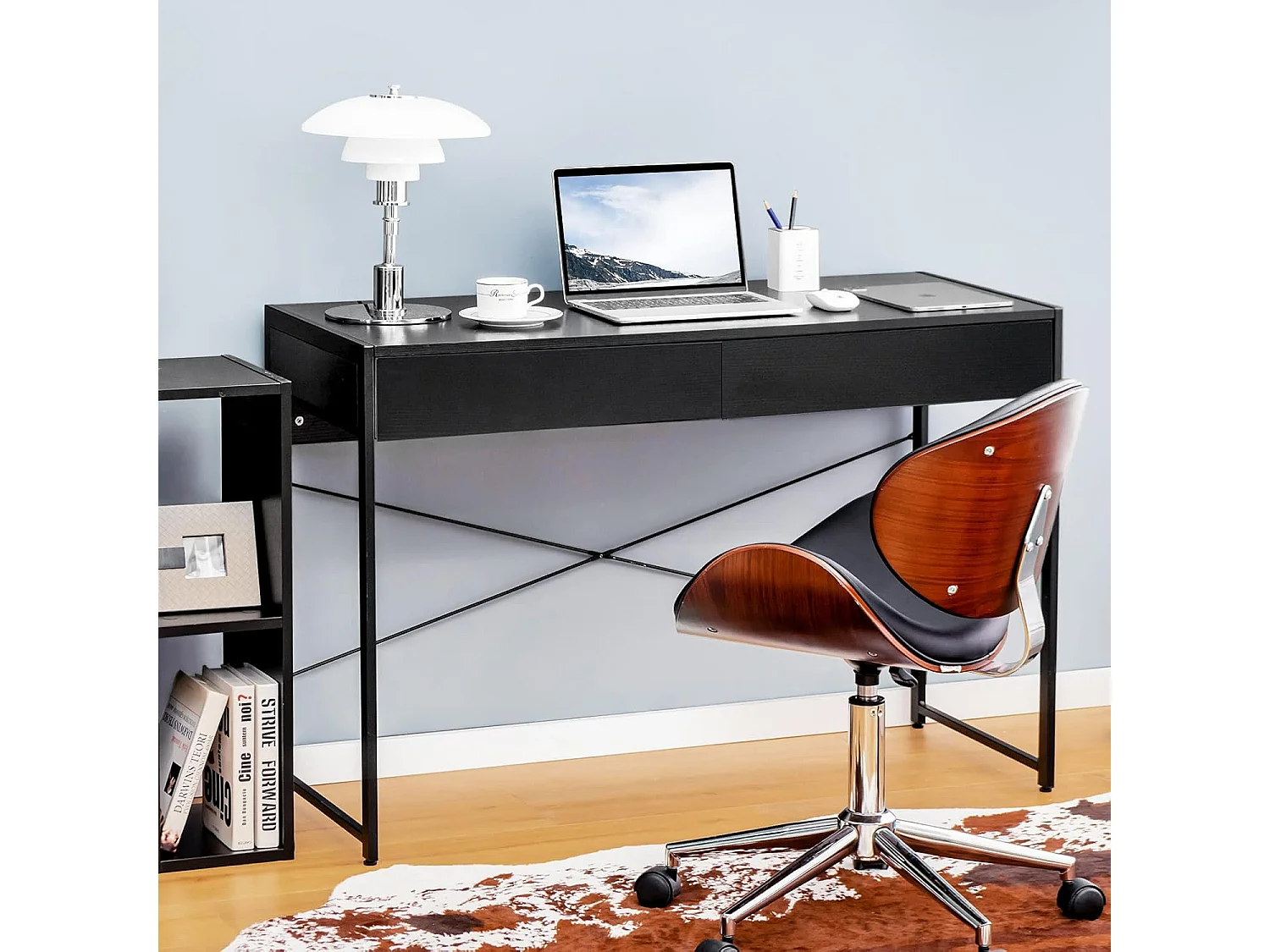 Bureau d'Ordinateur avec 2 Tiroirs et Structure en X, Table Informatique Structure Solide et Durable 112x48x76cm (Noir)
