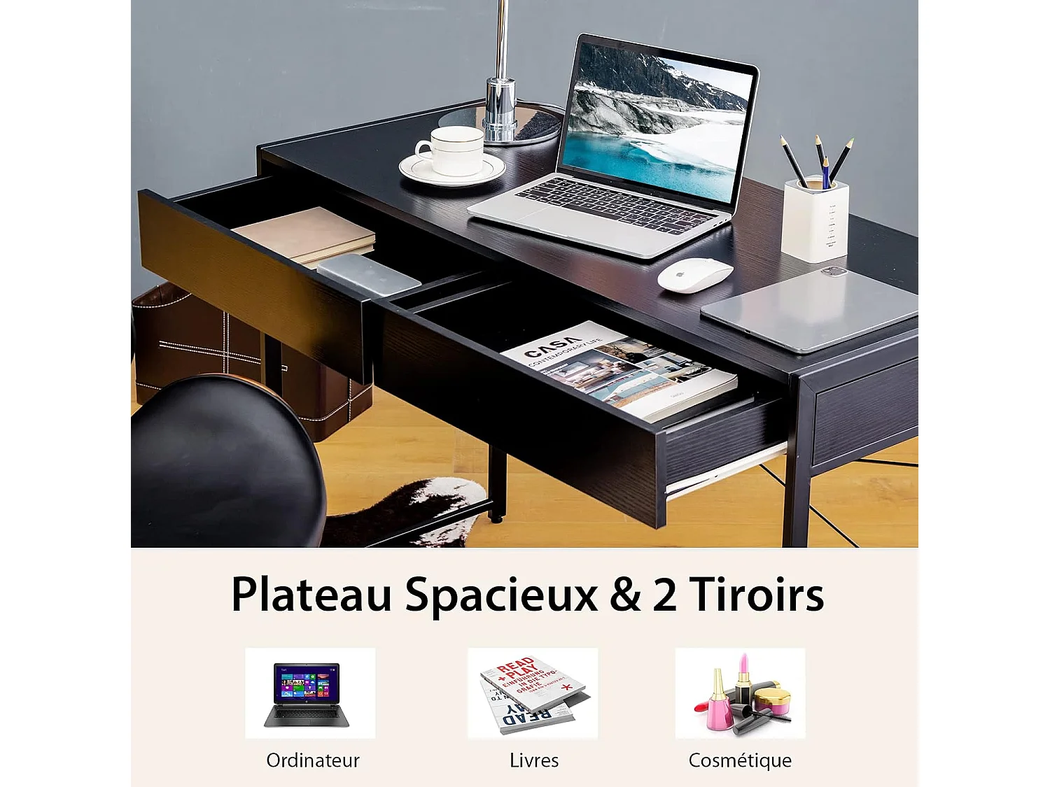 Bureau d'Ordinateur avec 2 Tiroirs et Structure en X, Table Informatique Structure Solide et Durable 112x48x76cm (Noir)