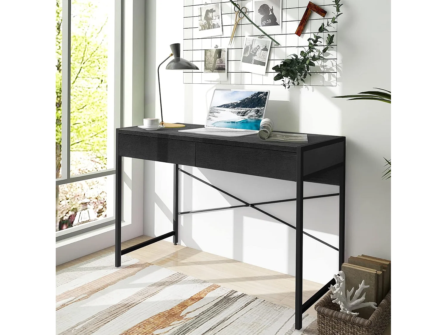 Bureau d'Ordinateur avec 2 Tiroirs et Structure en X, Table Informatique Structure Solide et Durable 112x48x76cm (Noir)