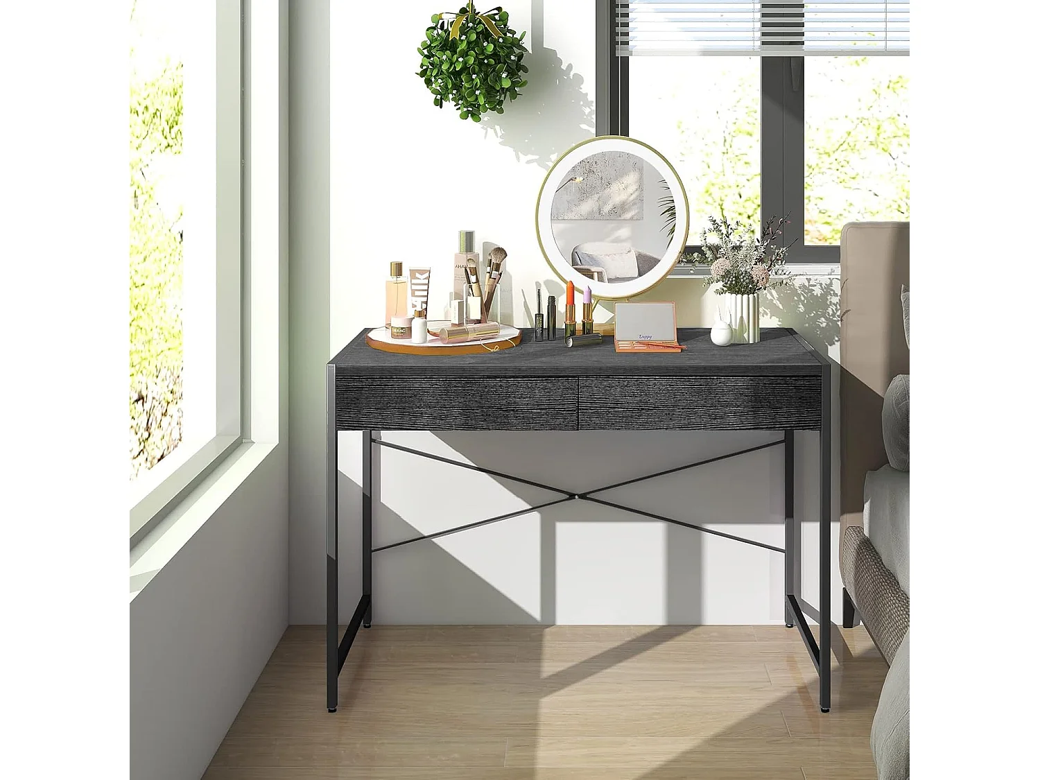 Bureau d'Ordinateur avec 2 Tiroirs et Structure en X, Table Informatique Structure Solide et Durable 112x48x76cm (Noir)