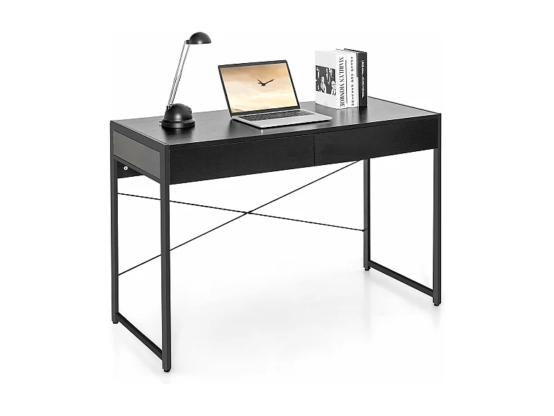 Computerbureau met 2 laden en X-structuur, computertafel sterke en duurzame structuur 112x48x76cm (zwart)