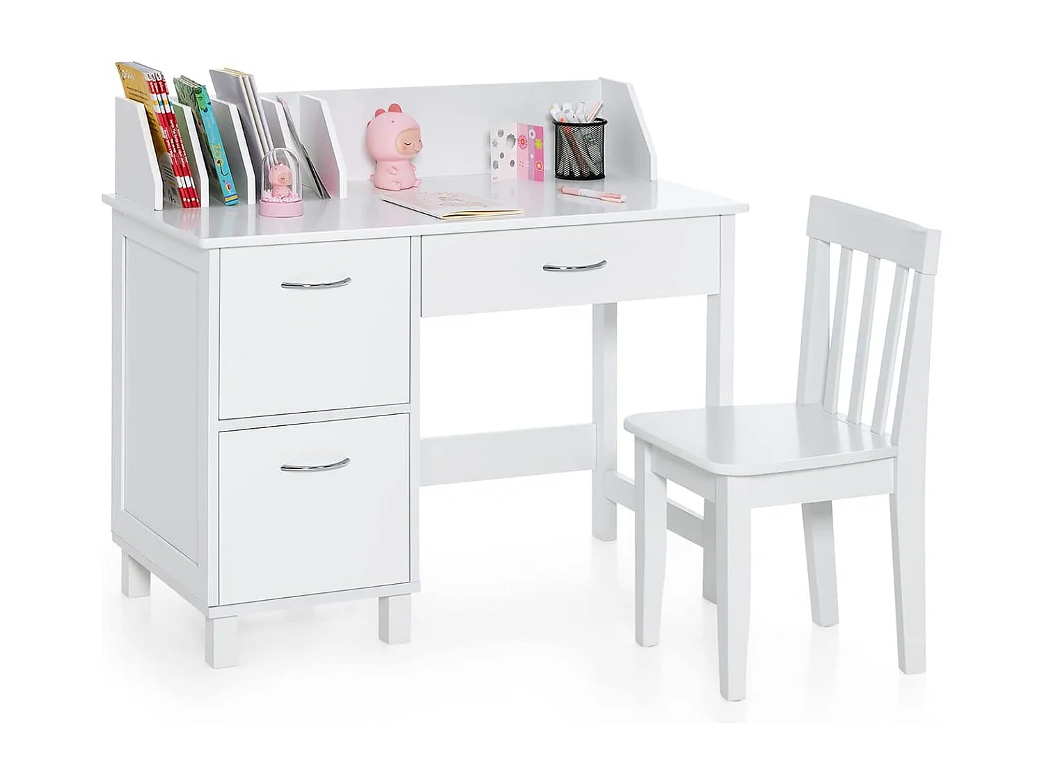 Bureau Enfants avec Chaise Ergonomique & Niches, Table d'Étude en Bois avec 2 Placards & Tiroir, Table Multifonctionnelle pour Dessiner Lire, 90x46x81cm, Blanc