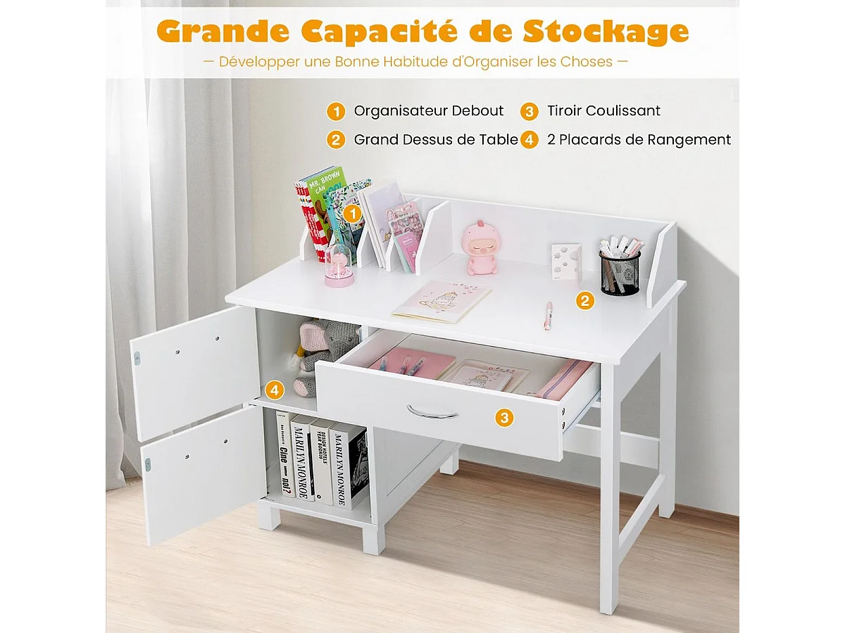 Bureau Enfants avec Chaise Ergonomique & Niches, Table d'Étude en Bois avec 2 Placards & Tiroir, Table Multifonctionnelle pour Dessiner Lire, 90x46x81cm, Blanc