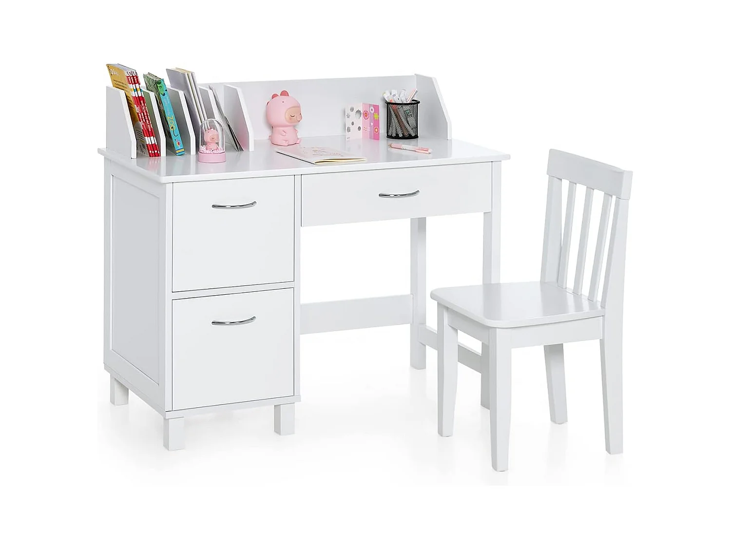 Kinderbureau met ergonomische stoel en nissen, houten bureau met 2 kasten en lade, kantelbeveiliging, multifunctionele tafel om te tekenen en te lezen, wit