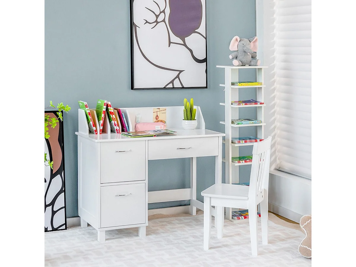 Bureau Enfants avec Chaise Ergonomique & Niches, Table d'Étude en Bois avec 2 Placards & Tiroir, Table Multifonctionnelle pour Dessiner Lire, 90x46x81cm, Blanc