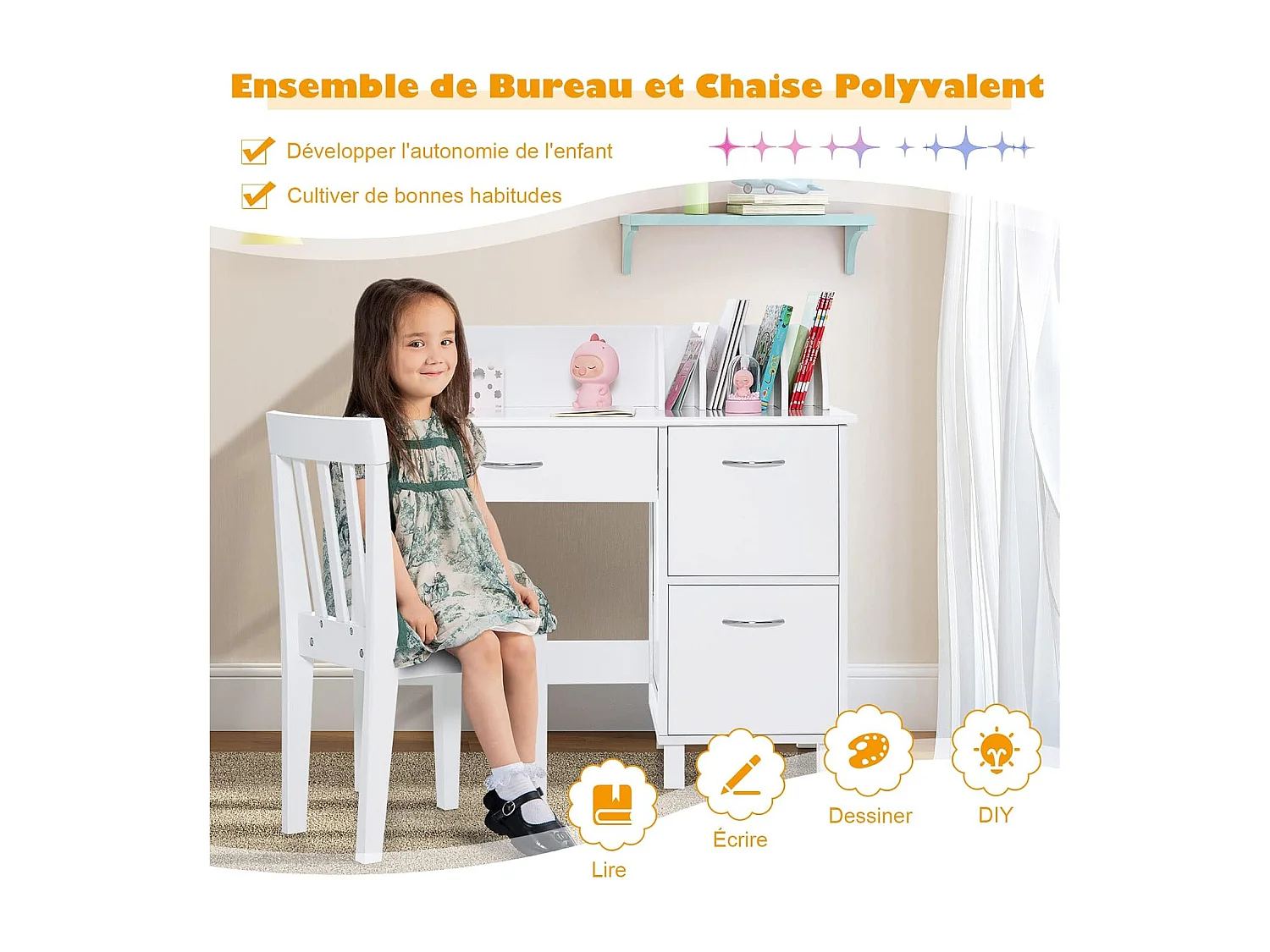 Bureau Enfants avec Chaise Ergonomique & Niches, Table d'Étude en Bois avec 2 Placards & Tiroir, Table Multifonctionnelle pour Dessiner Lire, 90x46x81cm, Blanc