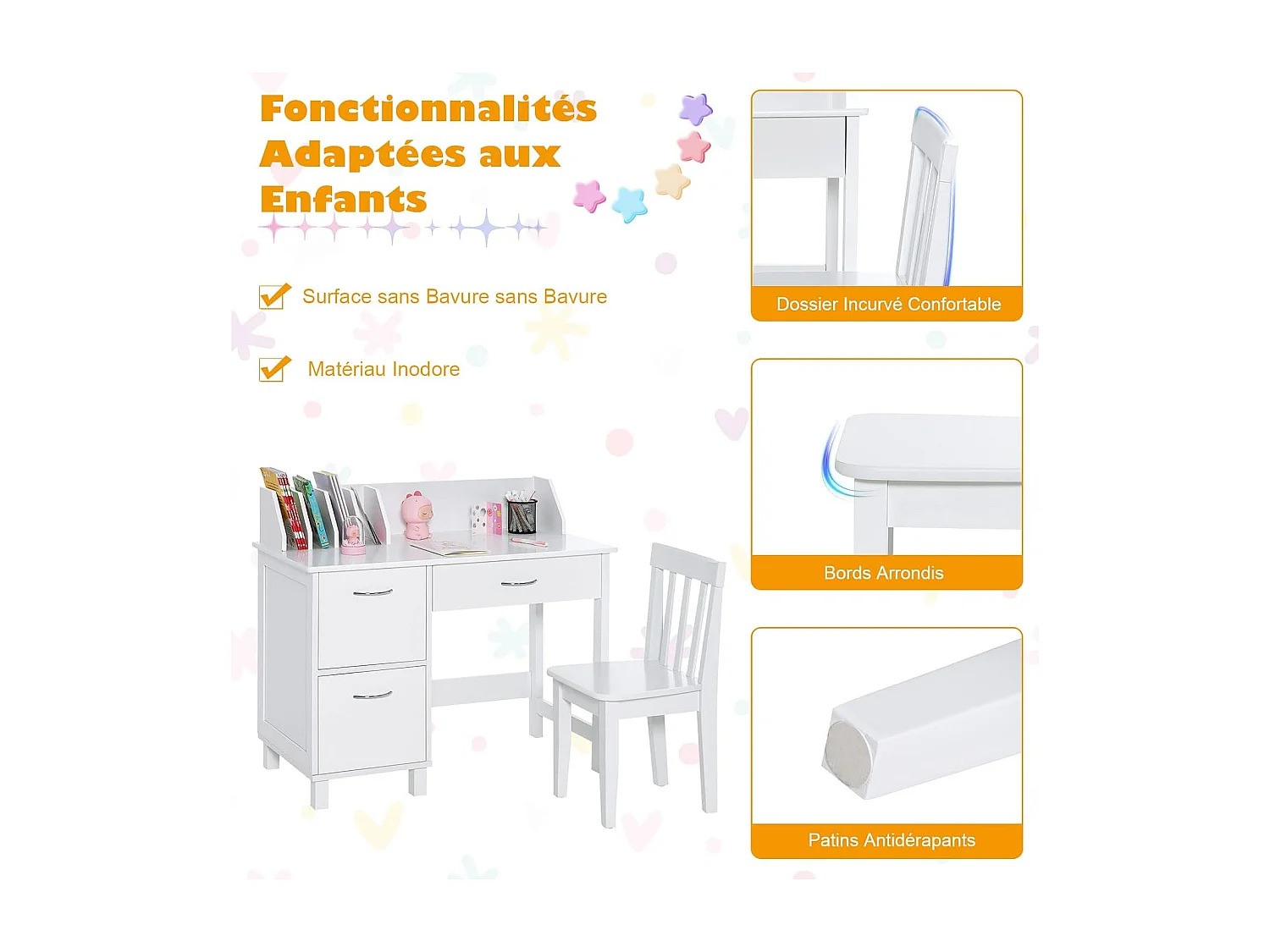 Bureau Enfants avec Chaise Ergonomique & Niches, Table d'Étude en Bois avec 2 Placards & Tiroir, Table Multifonctionnelle pour Dessiner Lire, 90x46x81cm, Blanc
