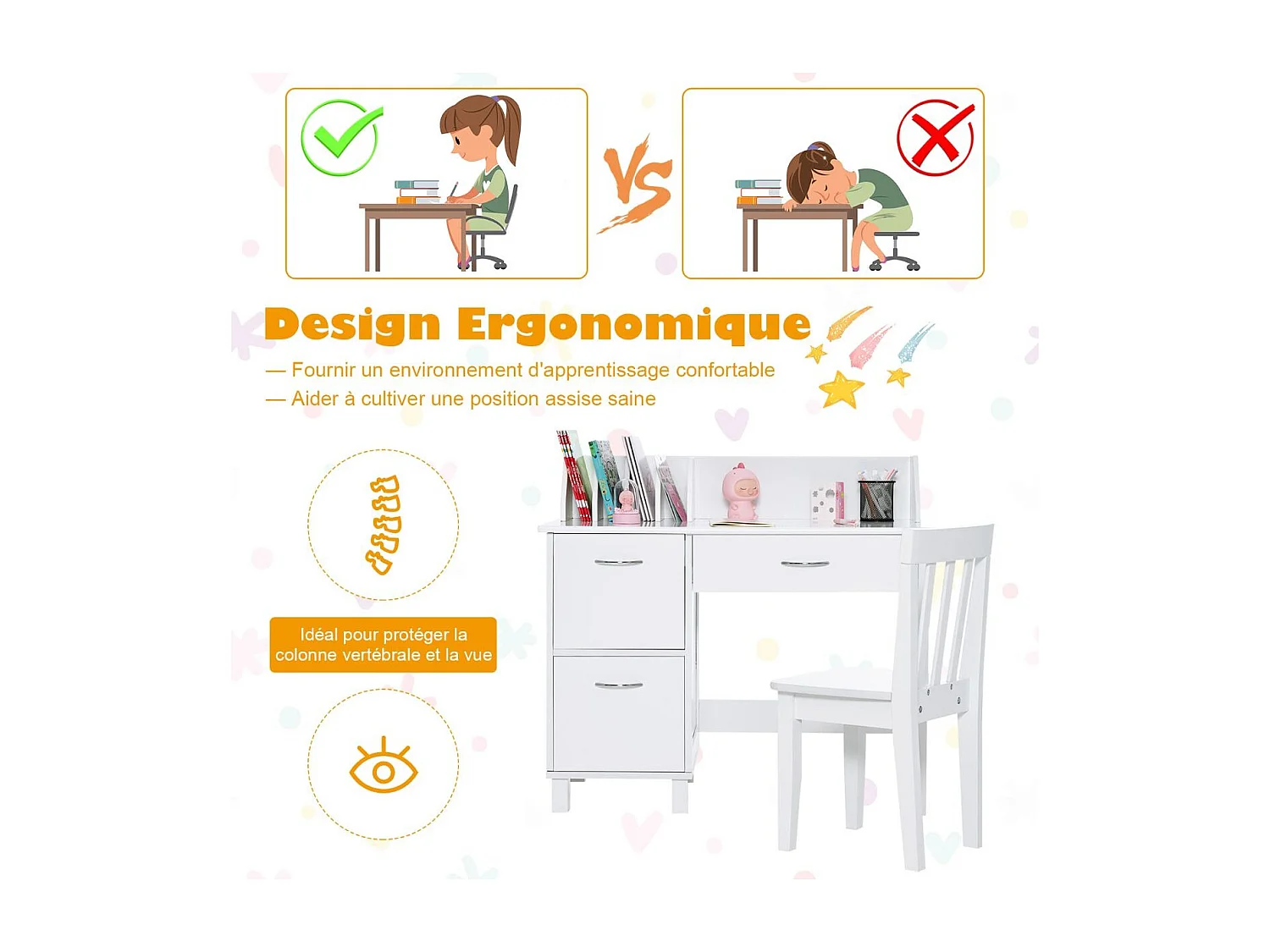 Bureau Enfants avec Chaise Ergonomique & Niches, Table d'Étude en Bois avec 2 Placards & Tiroir, Table Multifonctionnelle pour Dessiner Lire, 90x46x81cm, Blanc