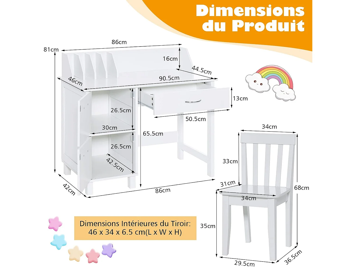 Bureau Enfants avec Chaise Ergonomique & Niches, Table d'Étude en Bois avec 2 Placards & Tiroir, Table Multifonctionnelle pour Dessiner Lire, 90x46x81cm, Blanc