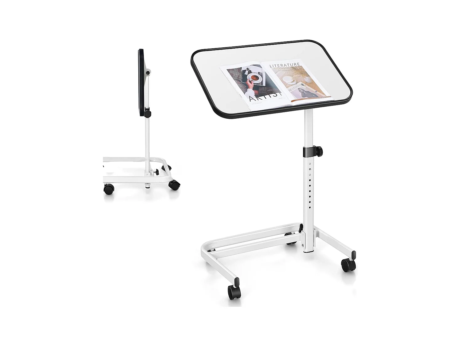 Table de Lit avec roulettes Verrouillables, Bureau Roulante pour Lit Réglable en Hauteur,Rangement Pliable, Plateau Inclinable 180°, Charge 20kg