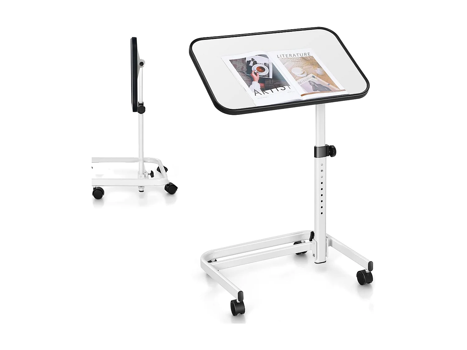 Table de Lit avec roulettes Verrouillables, Bureau Roulante pour Lit Réglable en Hauteur,Rangement Pliable, Plateau Inclinable 180°, Charge 20kg