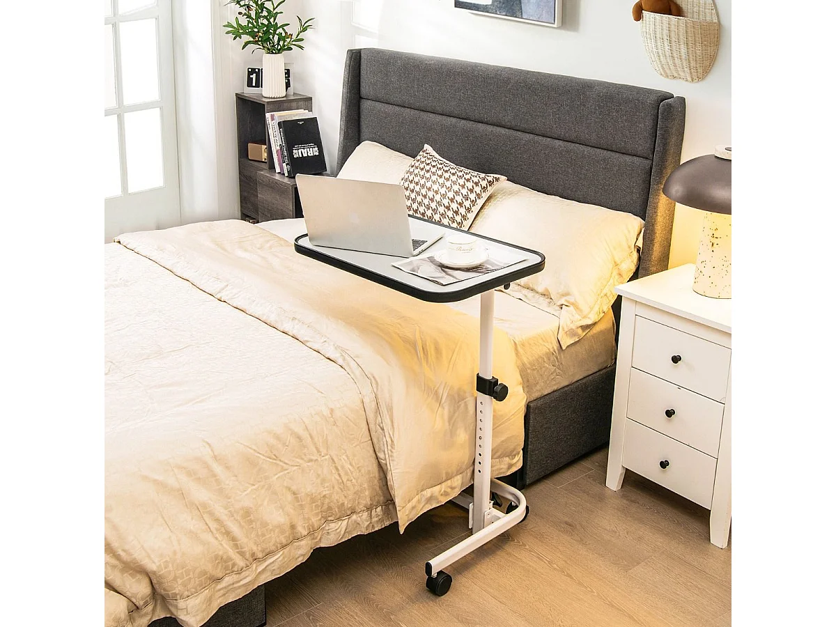 Table de Lit avec roulettes Verrouillables, Bureau Roulante pour Lit Réglable en Hauteur,Rangement Pliable, Plateau Inclinable 180°, Charge 20kg