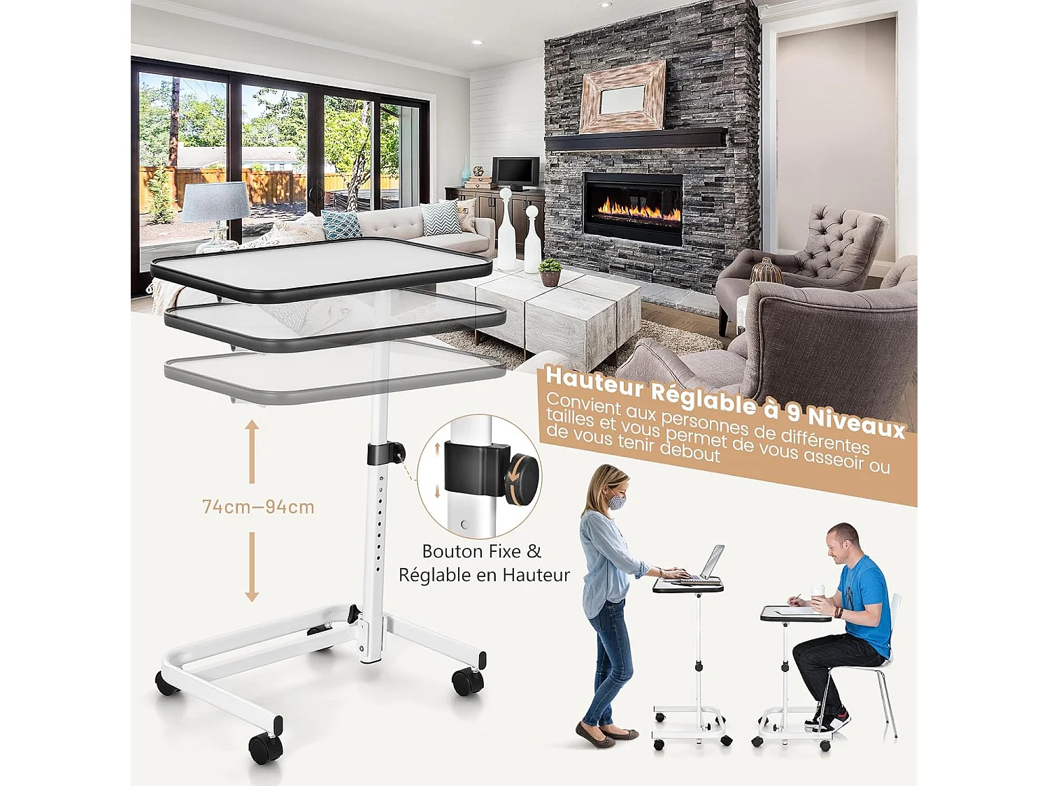 Table de Lit avec roulettes Verrouillables, Bureau Roulante pour Lit Réglable en Hauteur,Rangement Pliable, Plateau Inclinable 180°, Charge 20kg