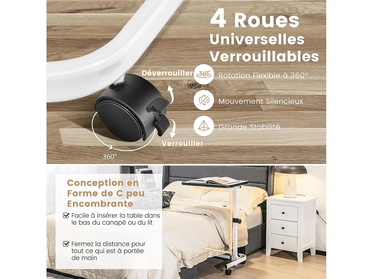 Table de Lit avec roulettes Verrouillables, Bureau Roulante pour Lit Réglable en Hauteur,Rangement Pliable, Plateau Inclinable 180°, Charge 20kg