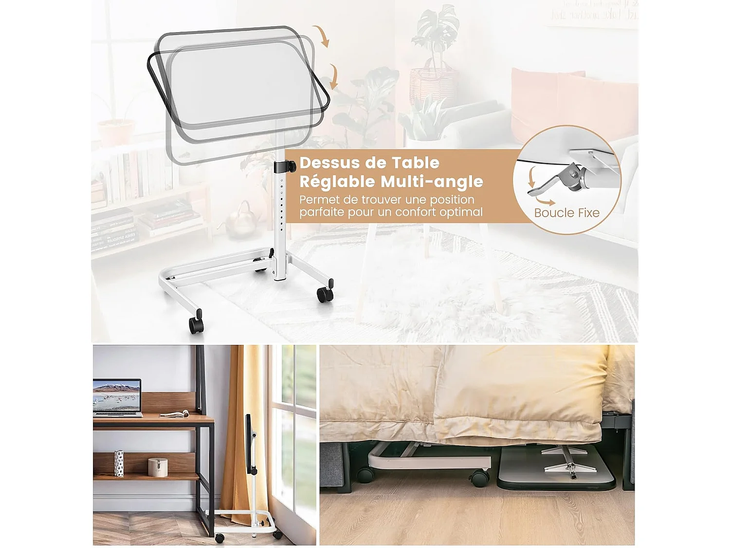 Table de Lit avec roulettes Verrouillables, Bureau Roulante pour Lit Réglable en Hauteur,Rangement Pliable, Plateau Inclinable 180°, Charge 20kg