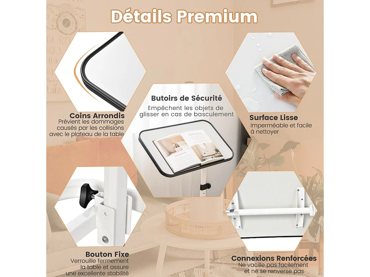 Table de Lit avec roulettes Verrouillables, Bureau Roulante pour Lit Réglable en Hauteur,Rangement Pliable, Plateau Inclinable 180°, Charge 20kg